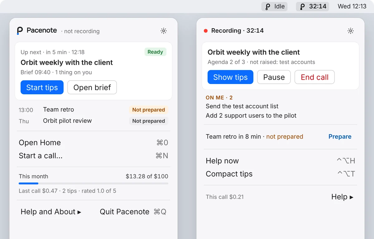 Pacenote: Menu bar