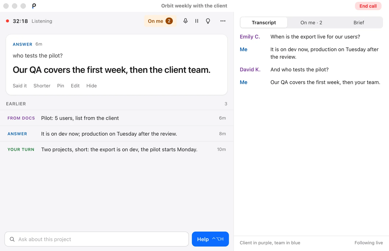 The Pacenote tips window on a call: one answer in large type, earlier tips as single lines, the transcript on the side